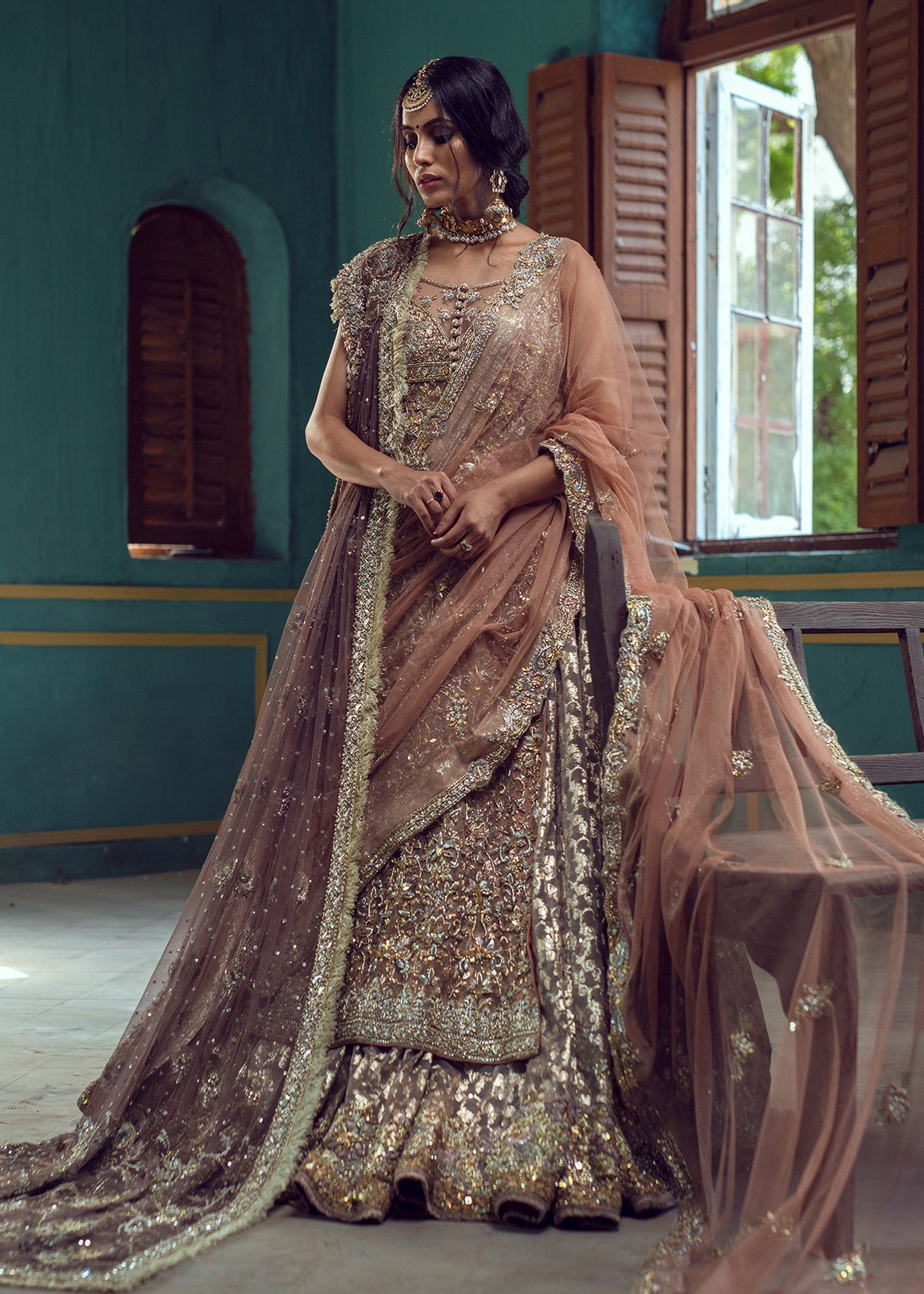 Cameo Pink Embroidered French Net Bridal Lehenga (3-Piece) - Image 1