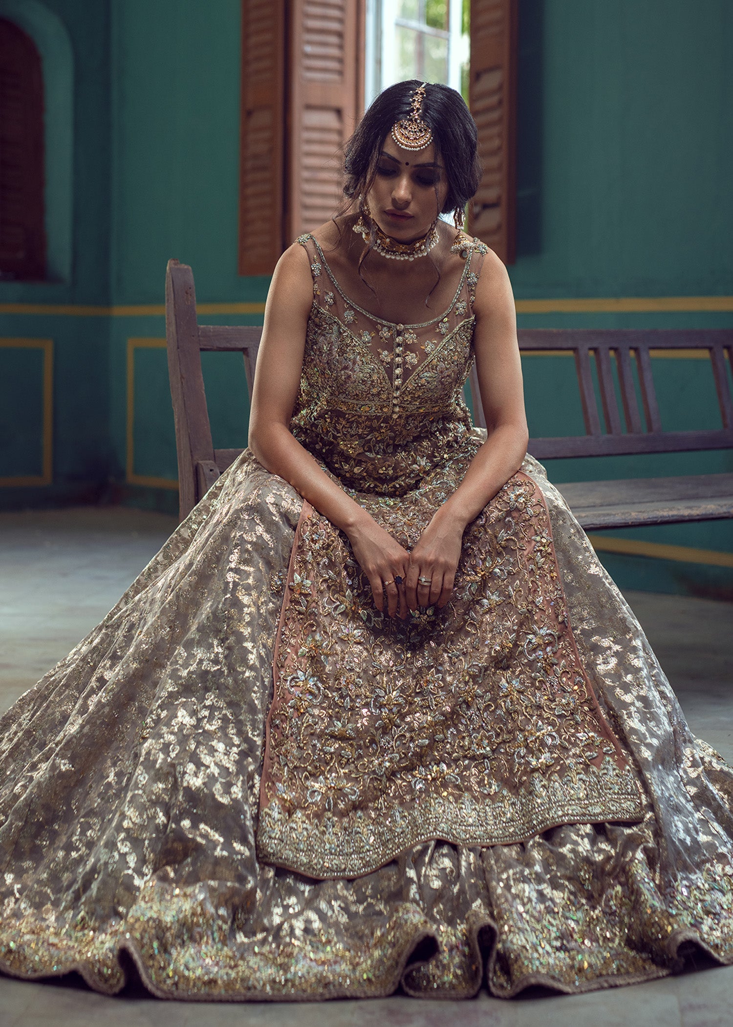 Cameo Pink Embroidered French Net Bridal Lehenga (3-Piece) - Image 2