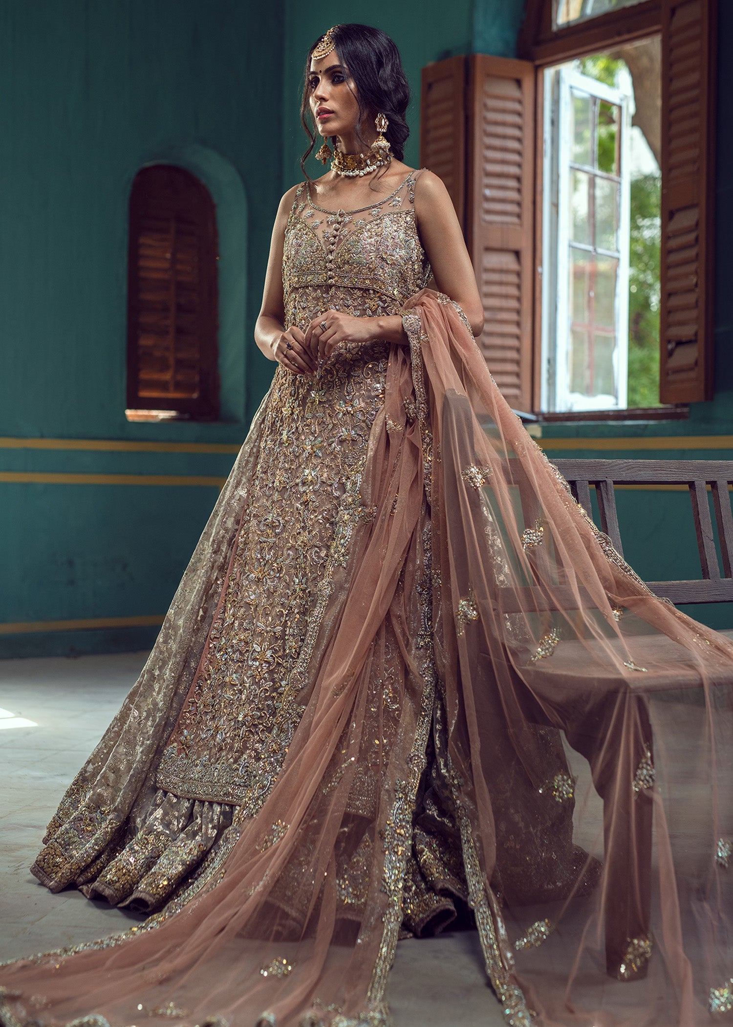 Cameo Pink Embroidered French Net Bridal Lehenga (3-Piece) - Image 3