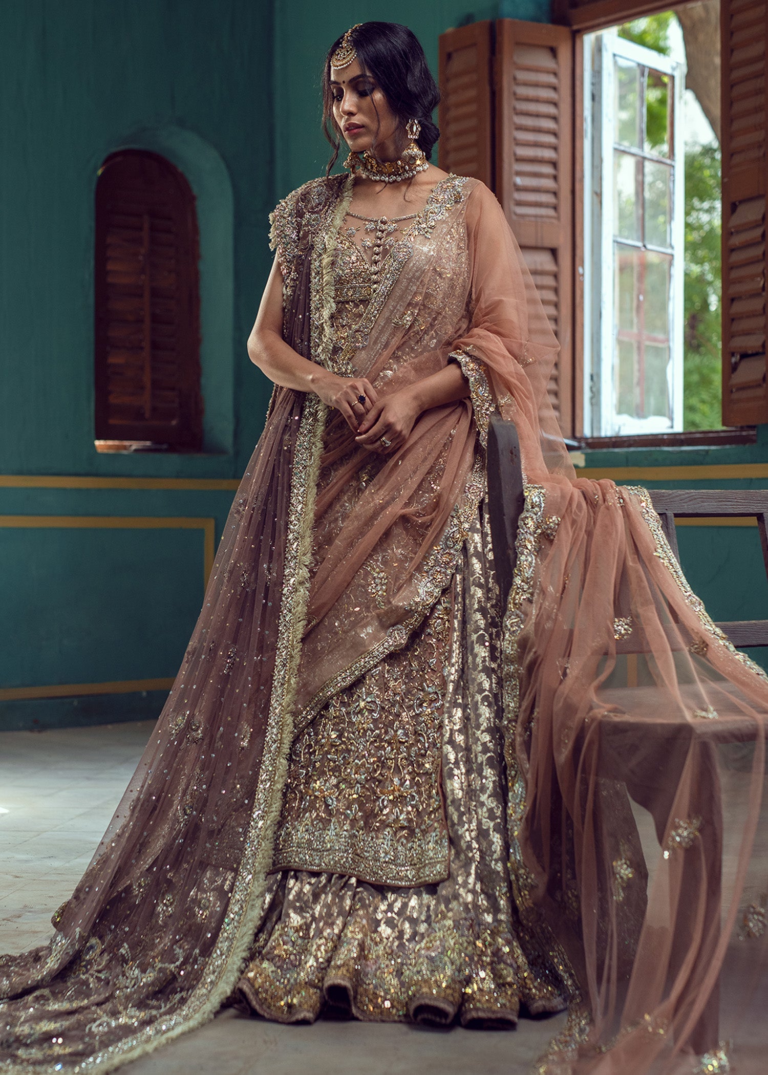 Cameo Pink Embroidered French Net Bridal Lehenga (3-Piece) - Image 4