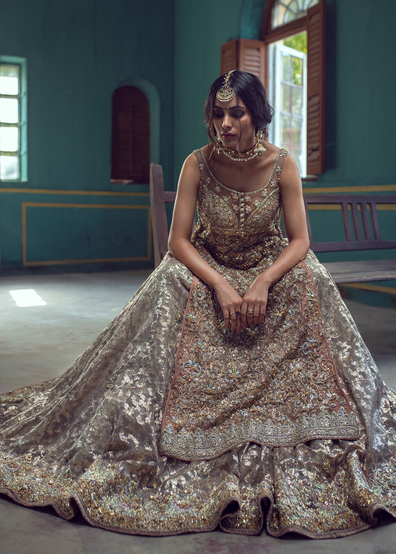 Cameo Pink Embroidered French Net Bridal Lehenga (3-Piece) - Image 5