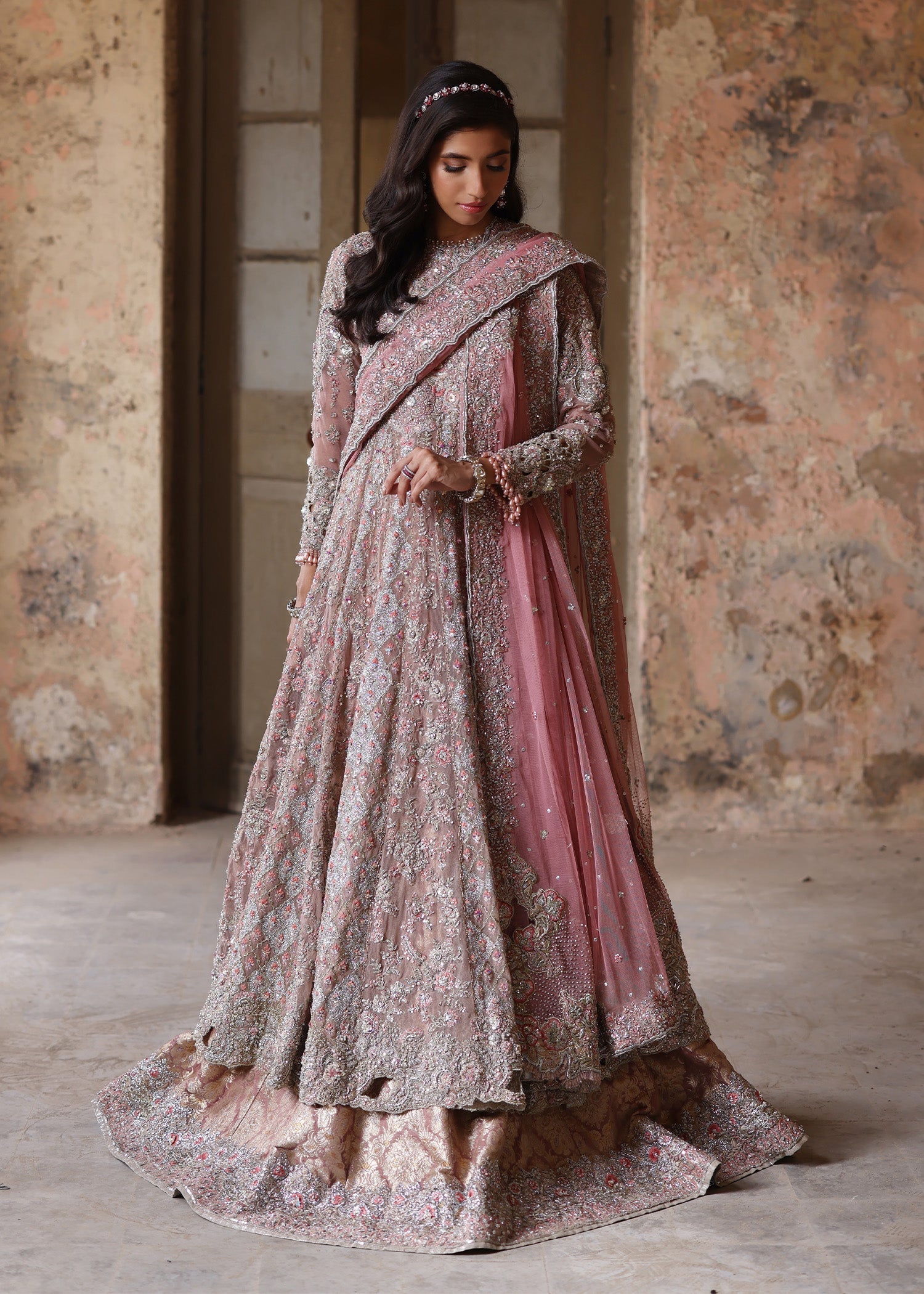 Nude Pink Embellished French Net Lehenga Gown (3-Piece) - Image 1