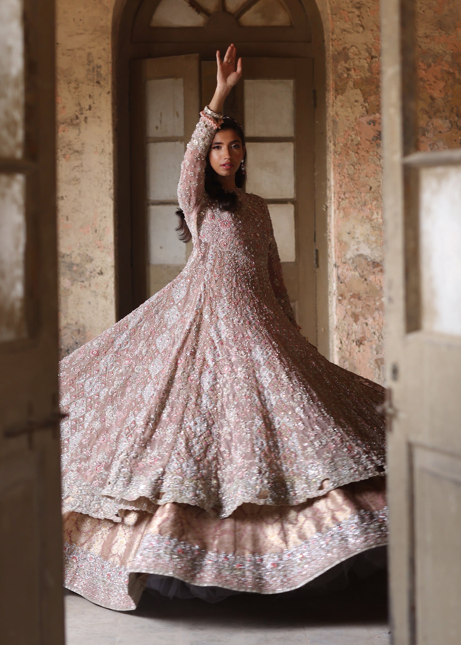 Nude Pink Embellished French Net Lehenga Gown (3-Piece) - Image 10