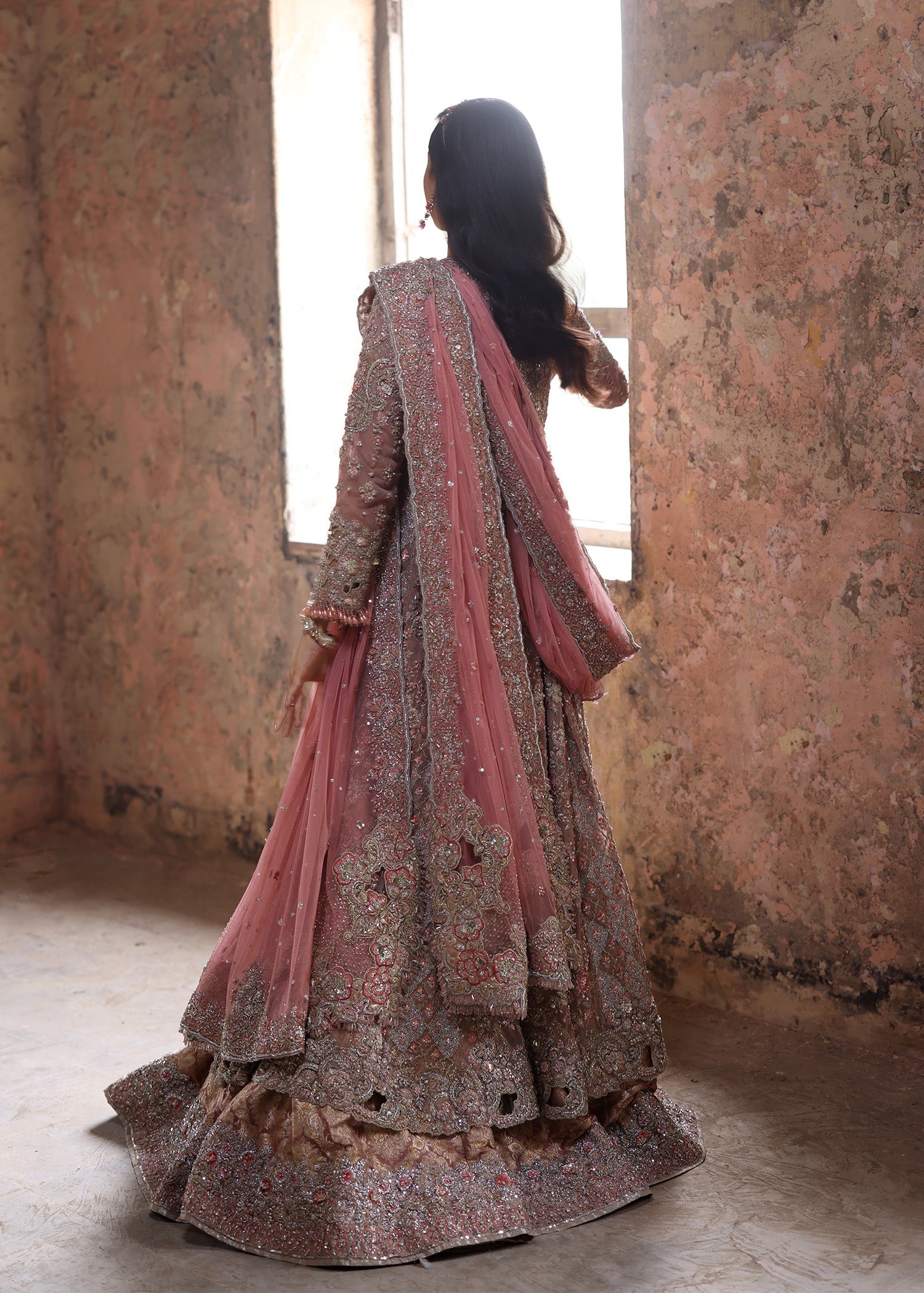 Nude Pink Embellished French Net Lehenga Gown (3-Piece) - Image 3