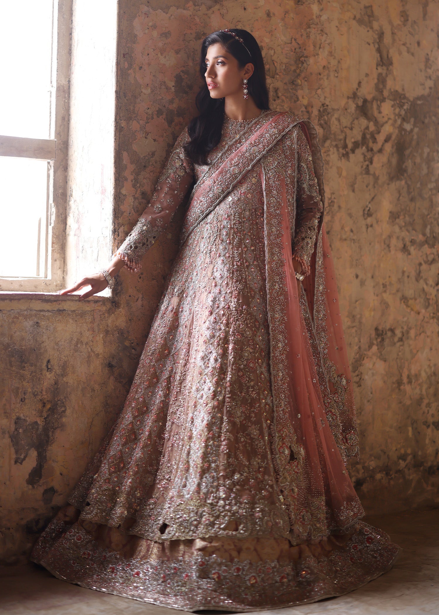 Nude Pink Embellished French Net Lehenga Gown (3-Piece) - Image 4