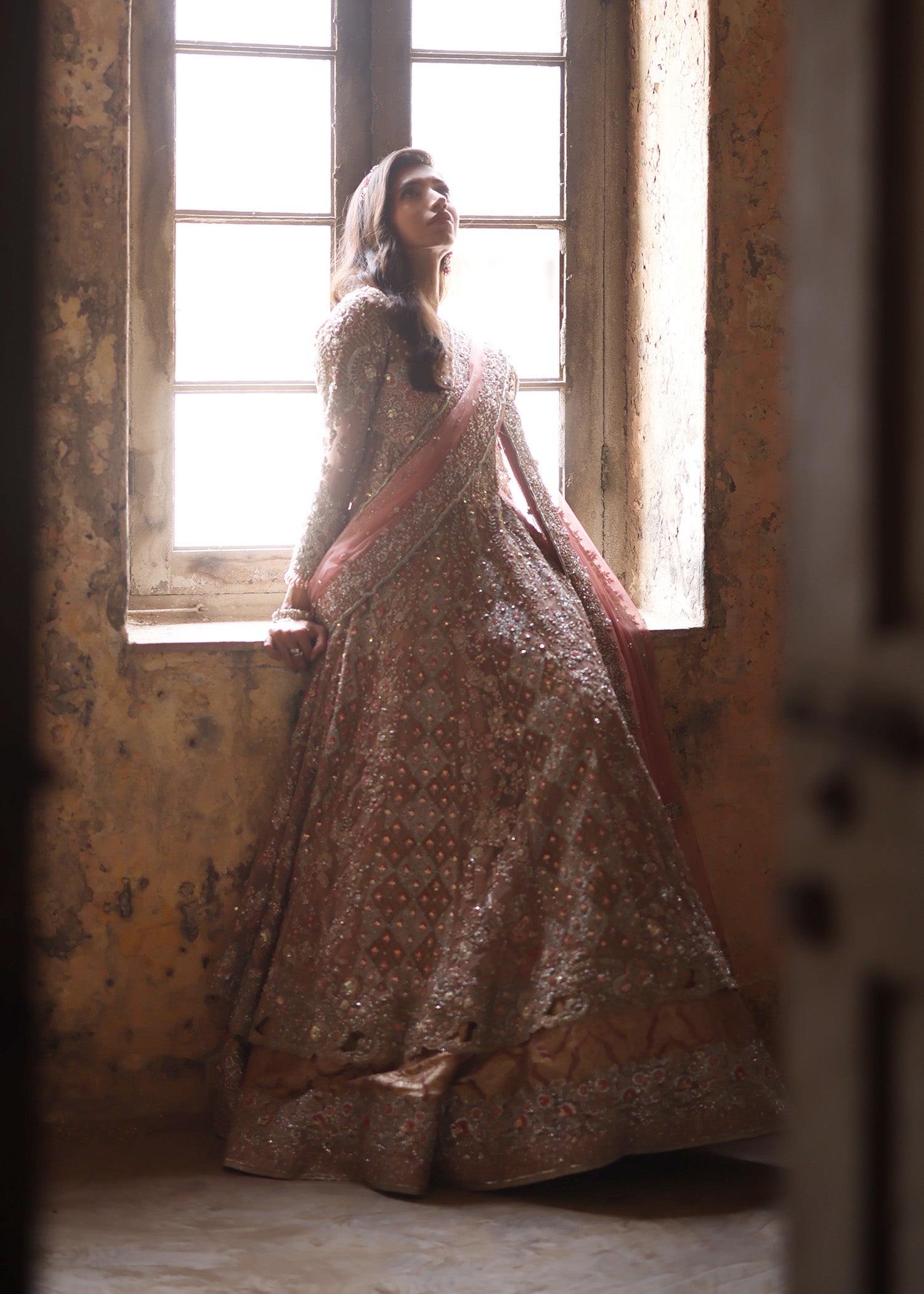 Nude Pink Embellished French Net Lehenga Gown (3-Piece) - Image 5