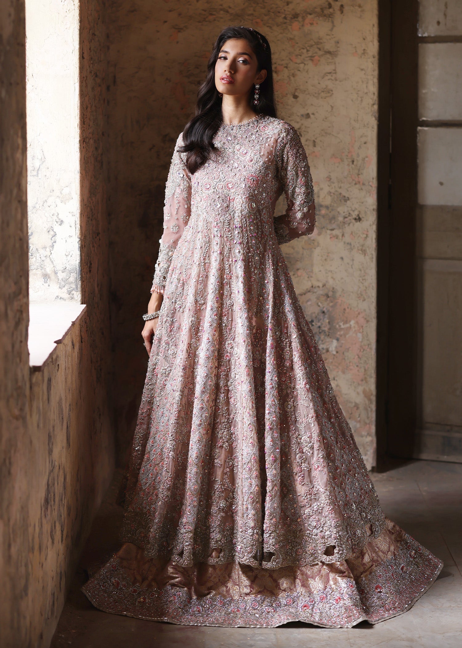 Nude Pink Embellished French Net Lehenga Gown (3-Piece) - Image 8