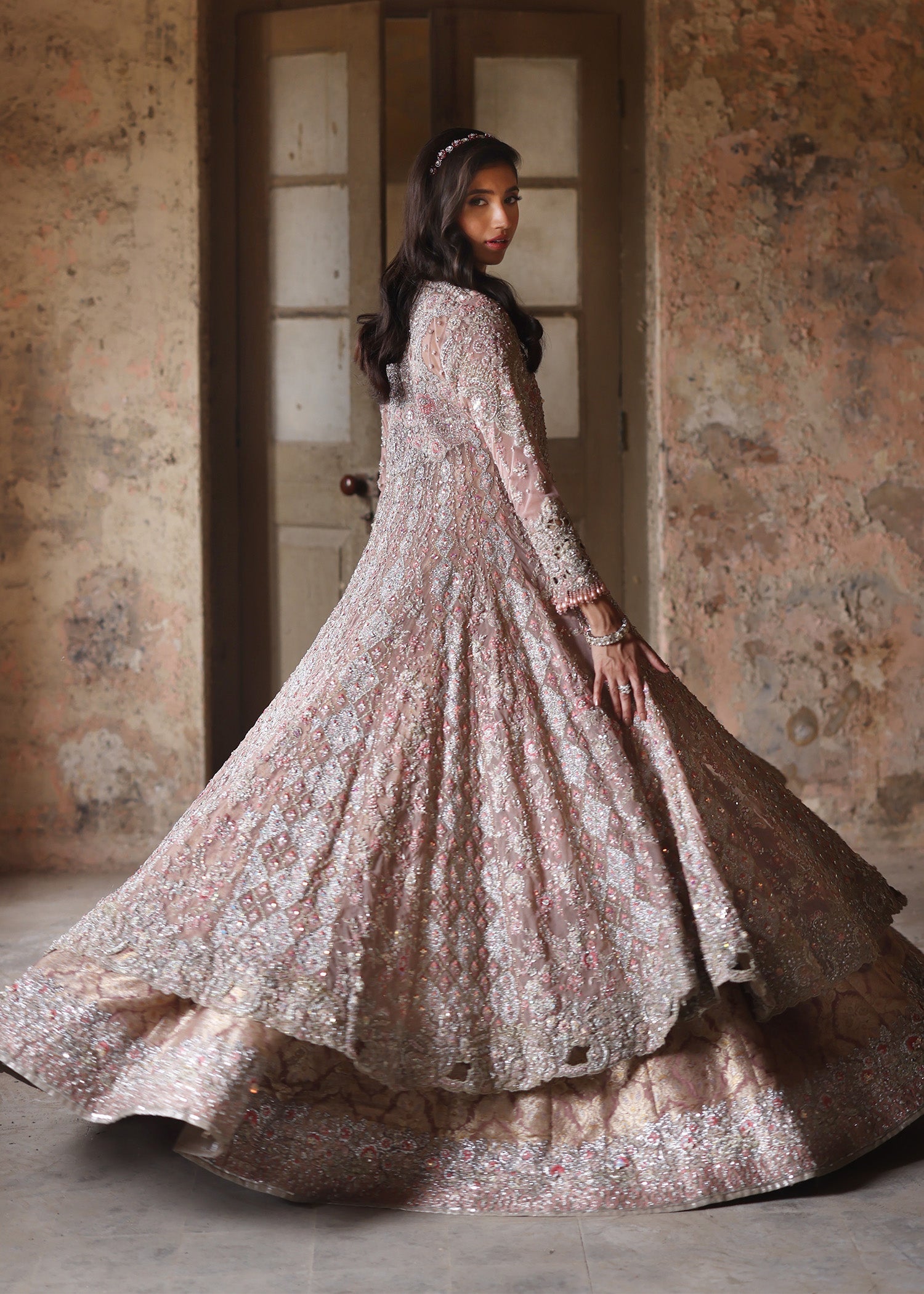 Nude Pink Embellished French Net Lehenga Gown (3-Piece) - Image 9