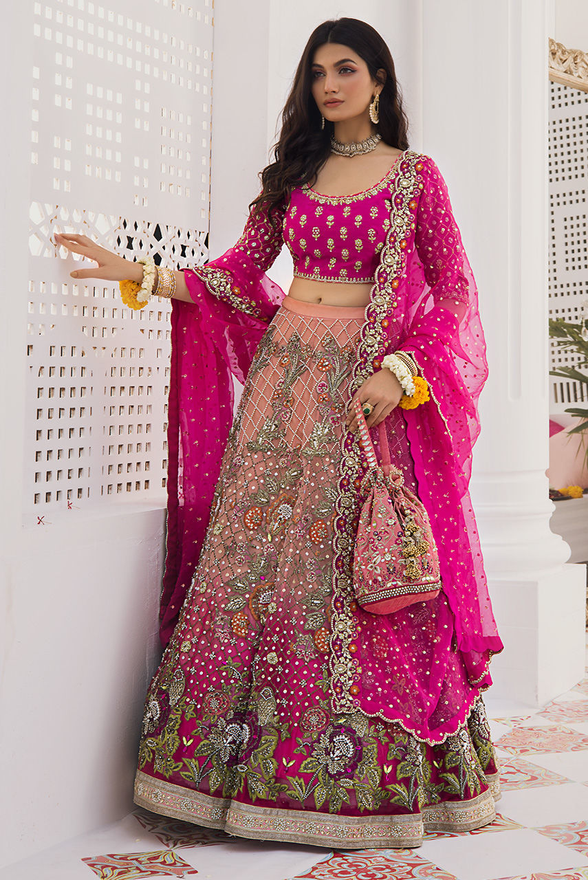Ombre Pink Zardozi French Net Lehenga (3-Piece) - Image 1