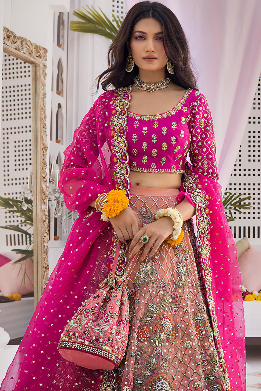 Ombre Pink Zardozi French Net Lehenga (3-Piece) - Image 2