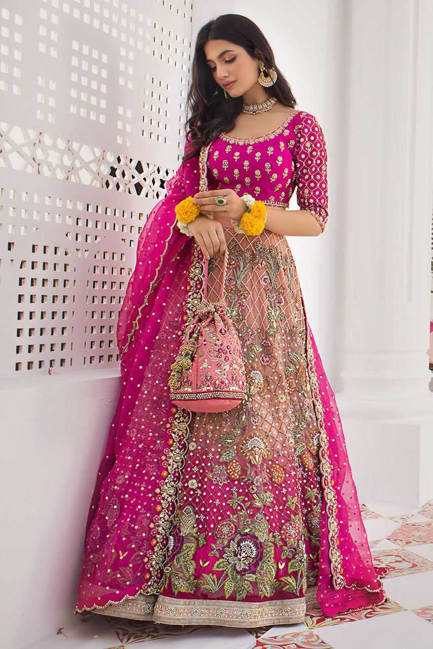 Ombre Pink Zardozi French Net Lehenga (3-Piece) - Image 3