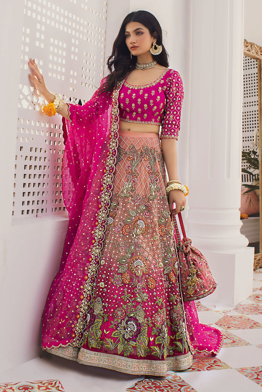 Ombre Pink Zardozi French Net Lehenga (3-Piece) - Image 4
