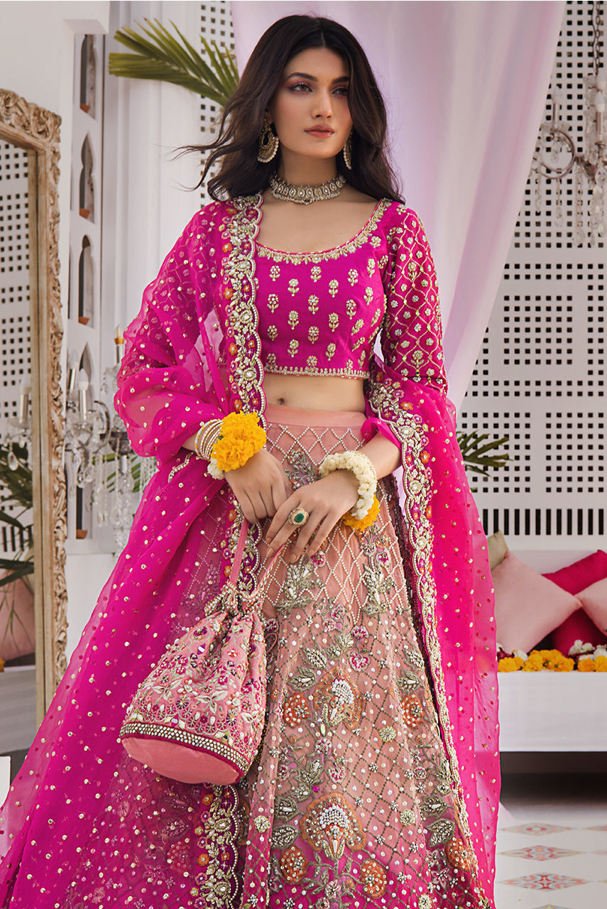 Ombre Pink Zardozi French Net Lehenga (3-Piece) - Image 5