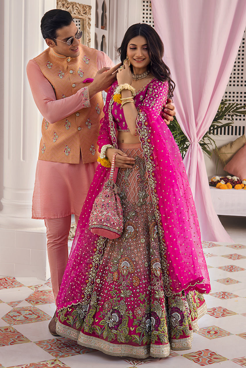 Ombre Pink Zardozi French Net Lehenga (3-Piece) - Image 7