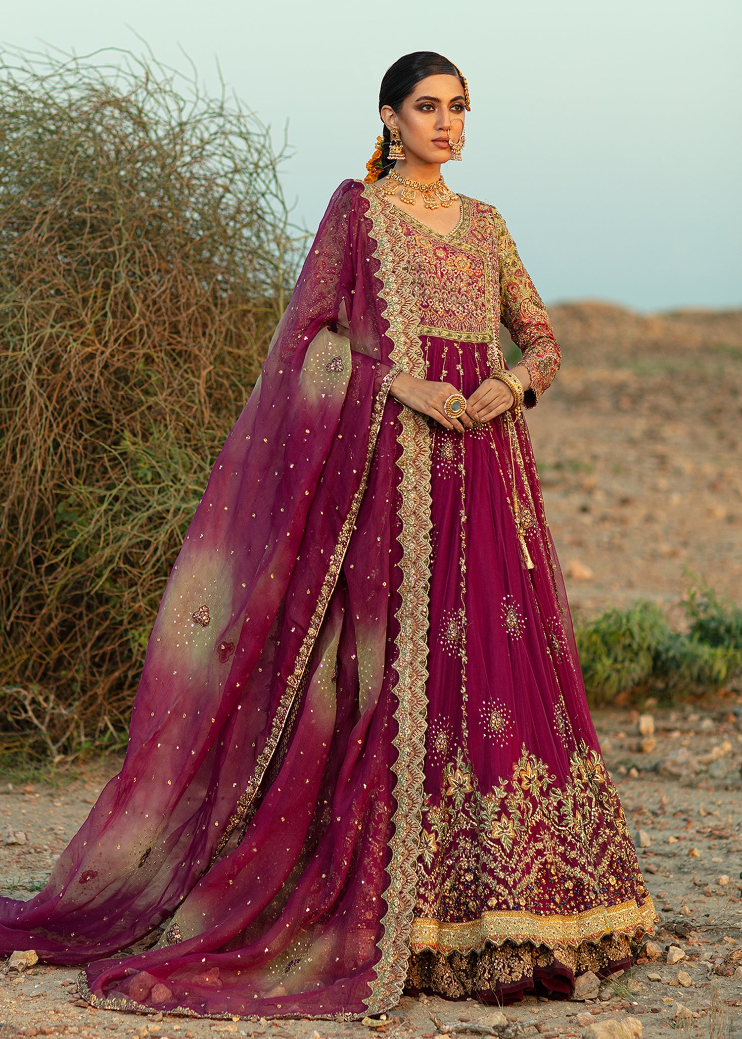 Magenta Embellished French Net Anghrakha Lehenga (3-Piece) - Image 1