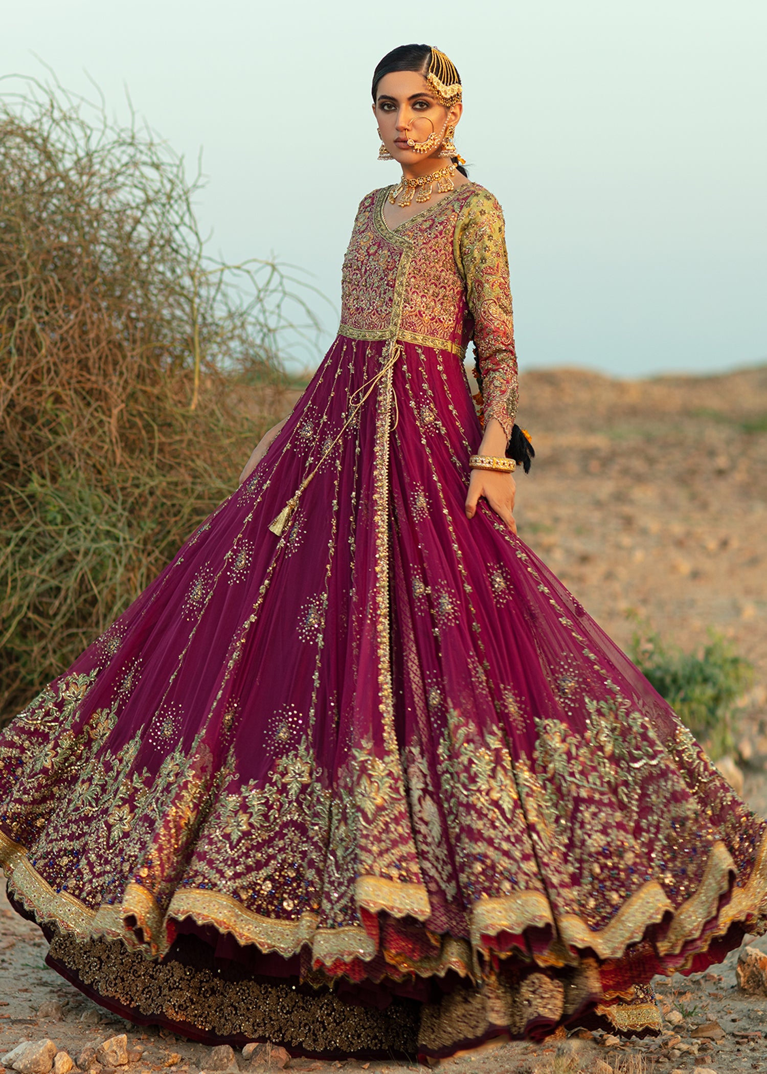 Magenta Embellished French Net Anghrakha Lehenga (3-Piece) - Image 2