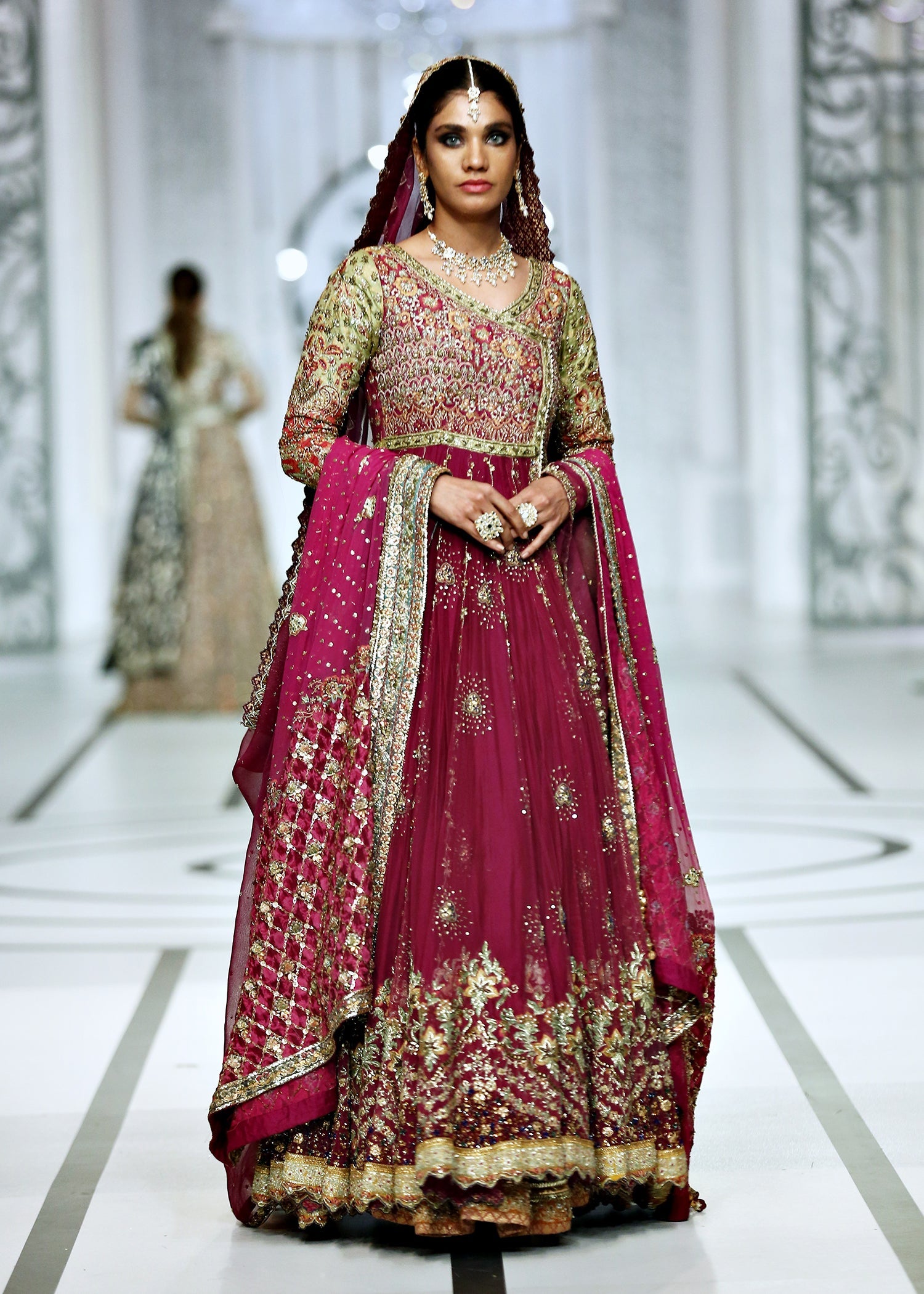 Magenta Embellished French Net Anghrakha Lehenga (3-Piece) - Image 3