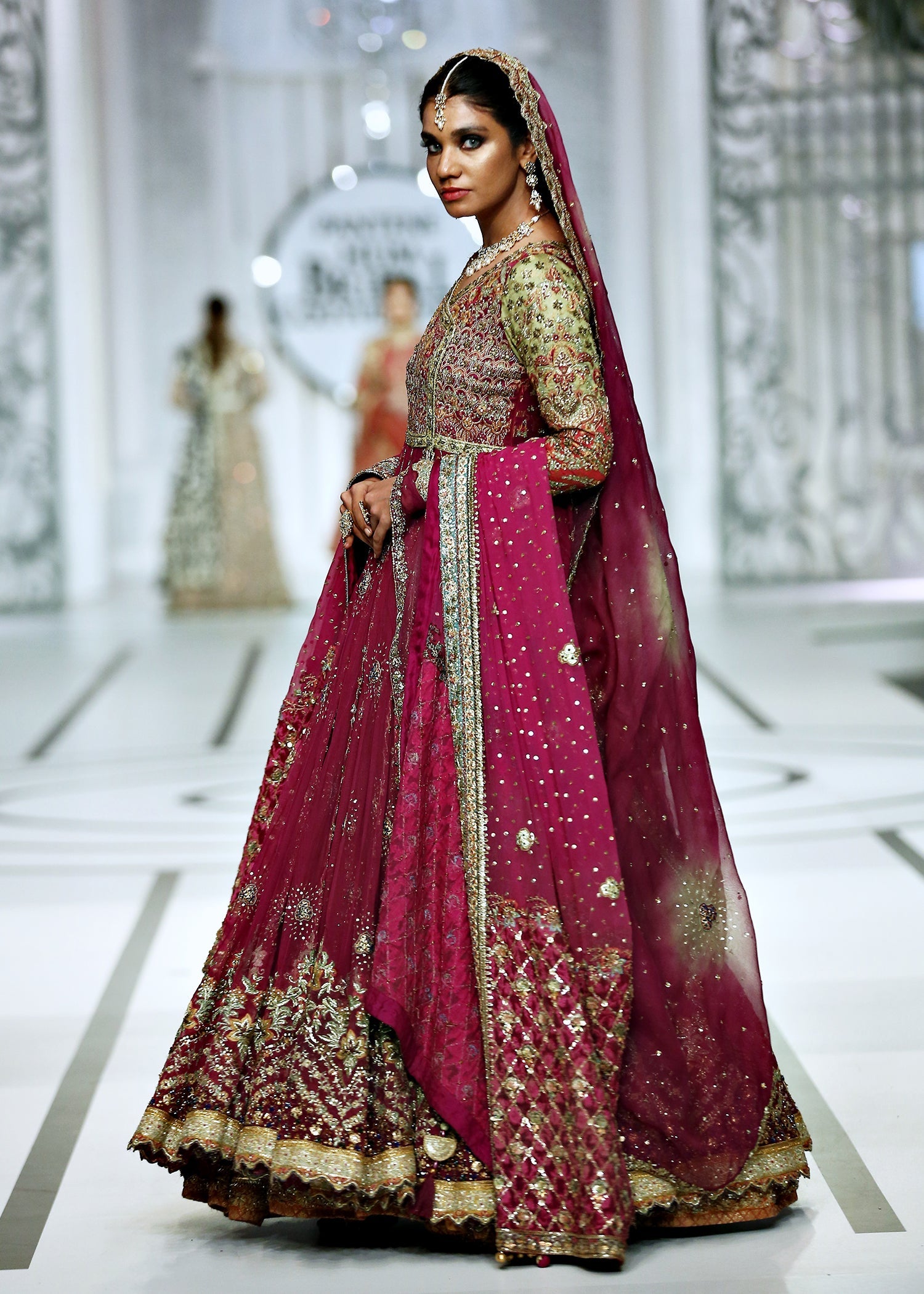 Magenta Embellished French Net Anghrakha Lehenga (3-Piece) - Image 4