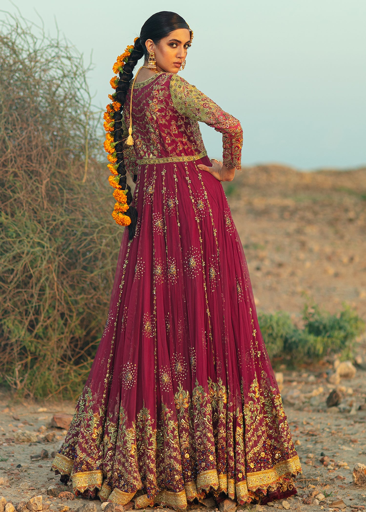 Magenta Embellished French Net Anghrakha Lehenga (3-Piece) - Image 5