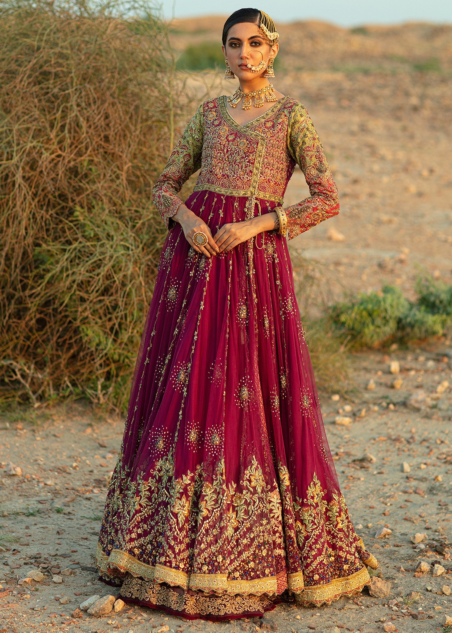 Magenta Embellished French Net Anghrakha Lehenga (3-Piece) - Image 6