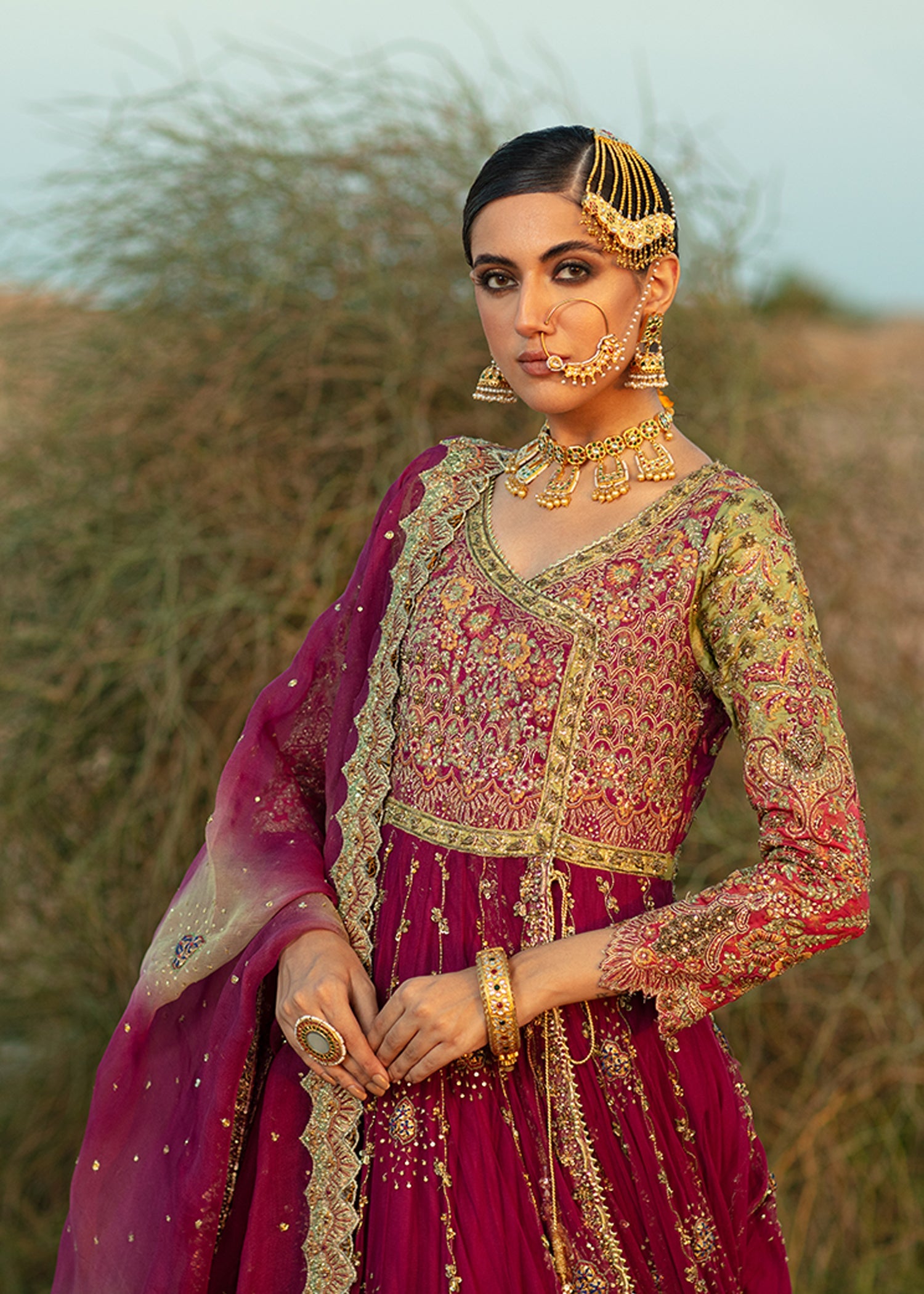 Magenta Embellished French Net Anghrakha Lehenga (3-Piece) - Image 7