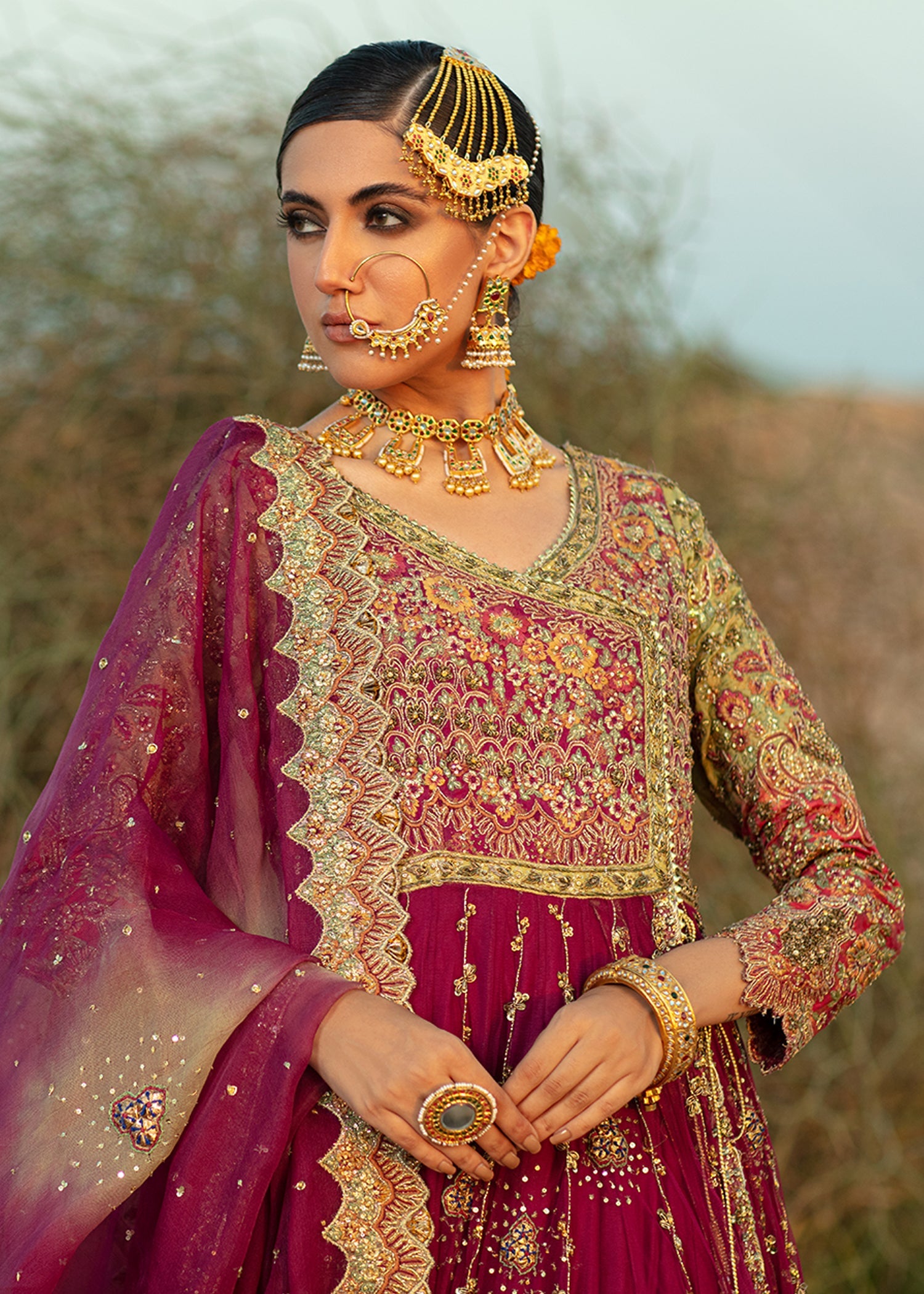 Magenta Embellished French Net Anghrakha Lehenga (3-Piece) - Image 8