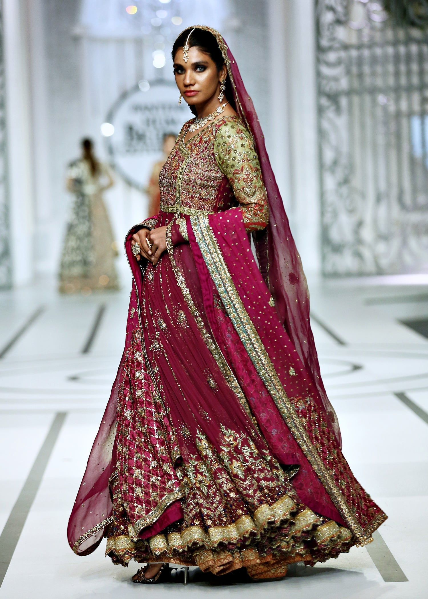 Magenta Embellished French Net Anghrakha Lehenga (3-Piece) - Image 9