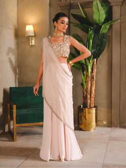 Pakistani Blush Pink Embroidered Georgette Chiffon Lehenga (3-Piece) - Image 1