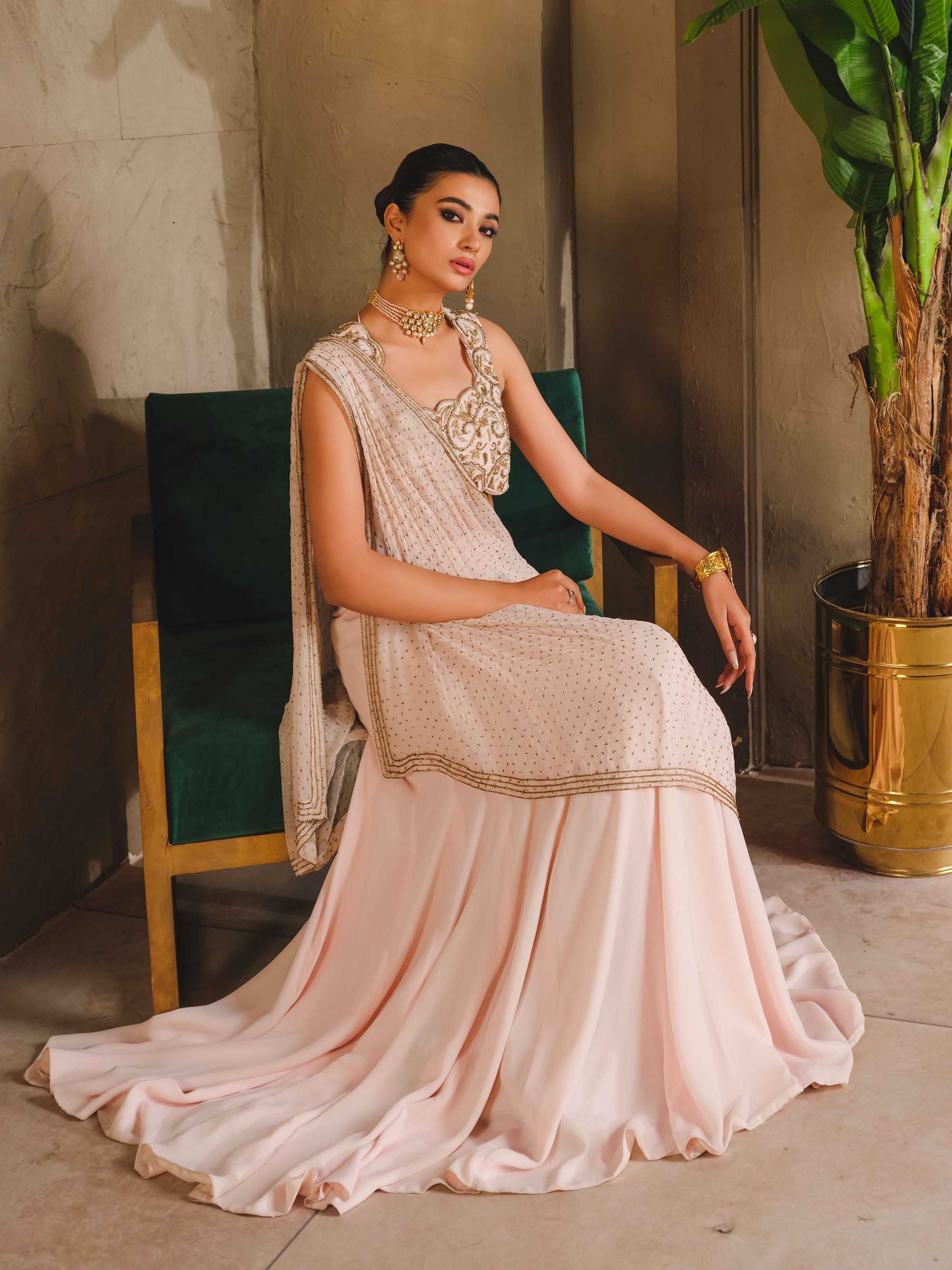 Pakistani Blush Pink Embroidered Georgette Chiffon Lehenga (3-Piece) - Image 3