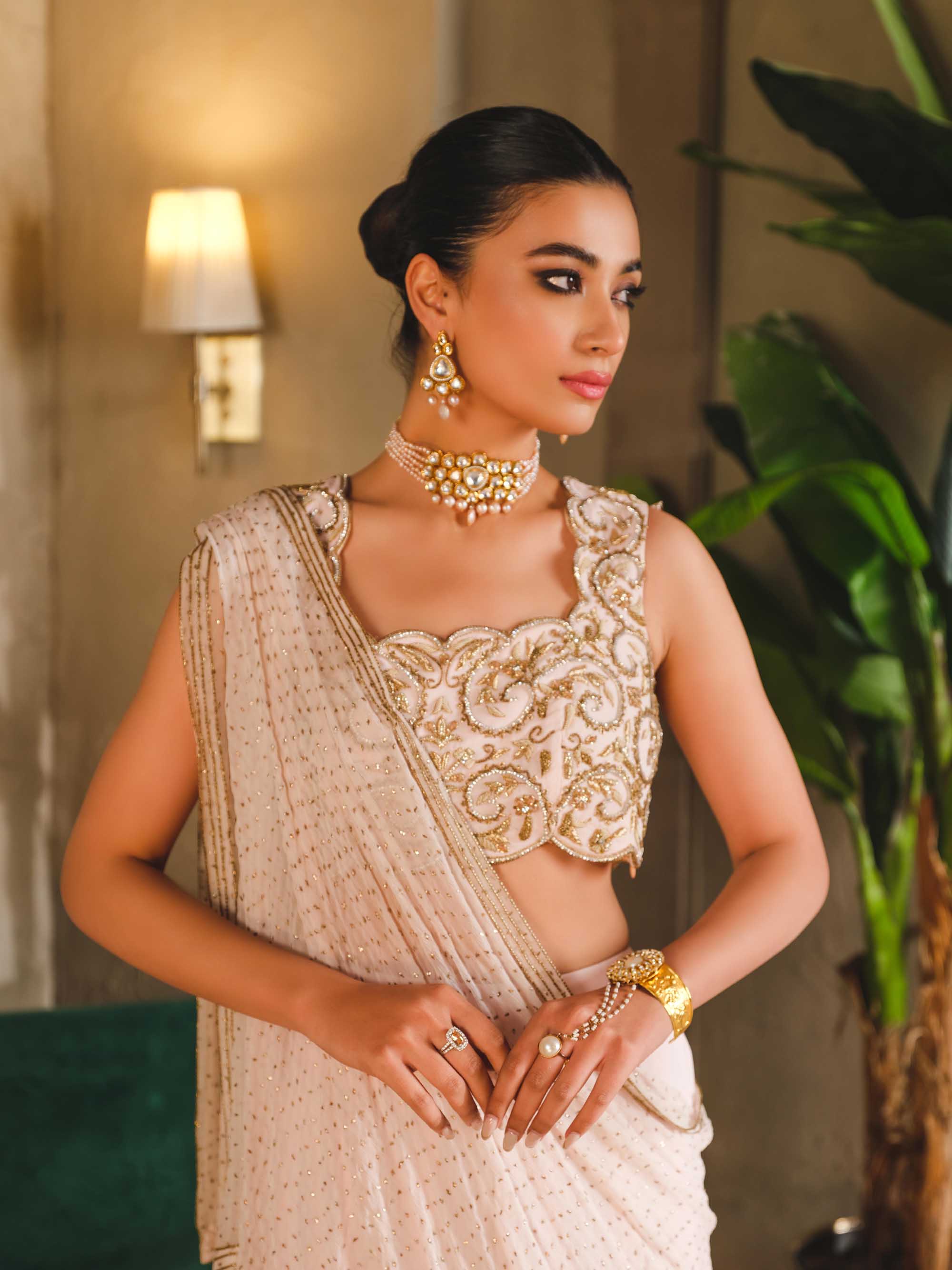 Pakistani Blush Pink Embroidered Georgette Chiffon Lehenga (3-Piece) - Image 4