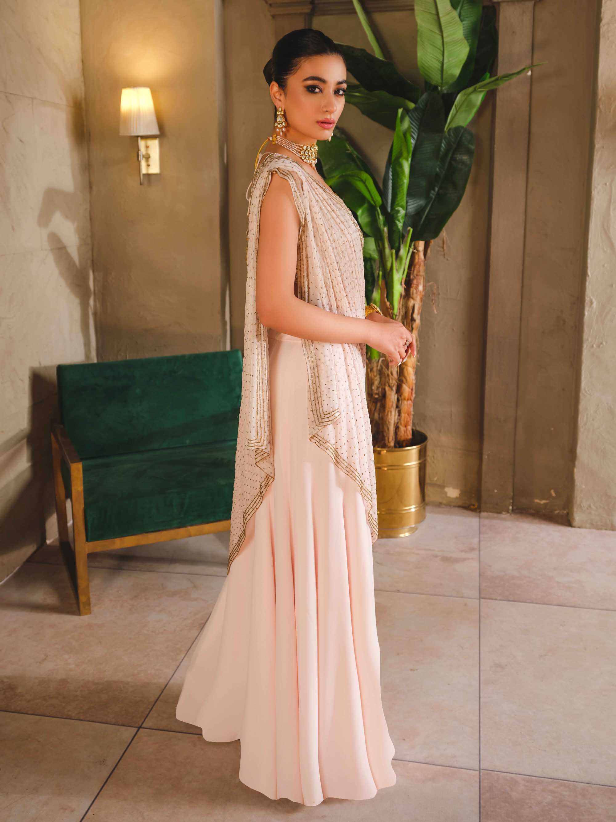 Pakistani Blush Pink Embroidered Georgette Chiffon Lehenga (3-Piece) - Image 7