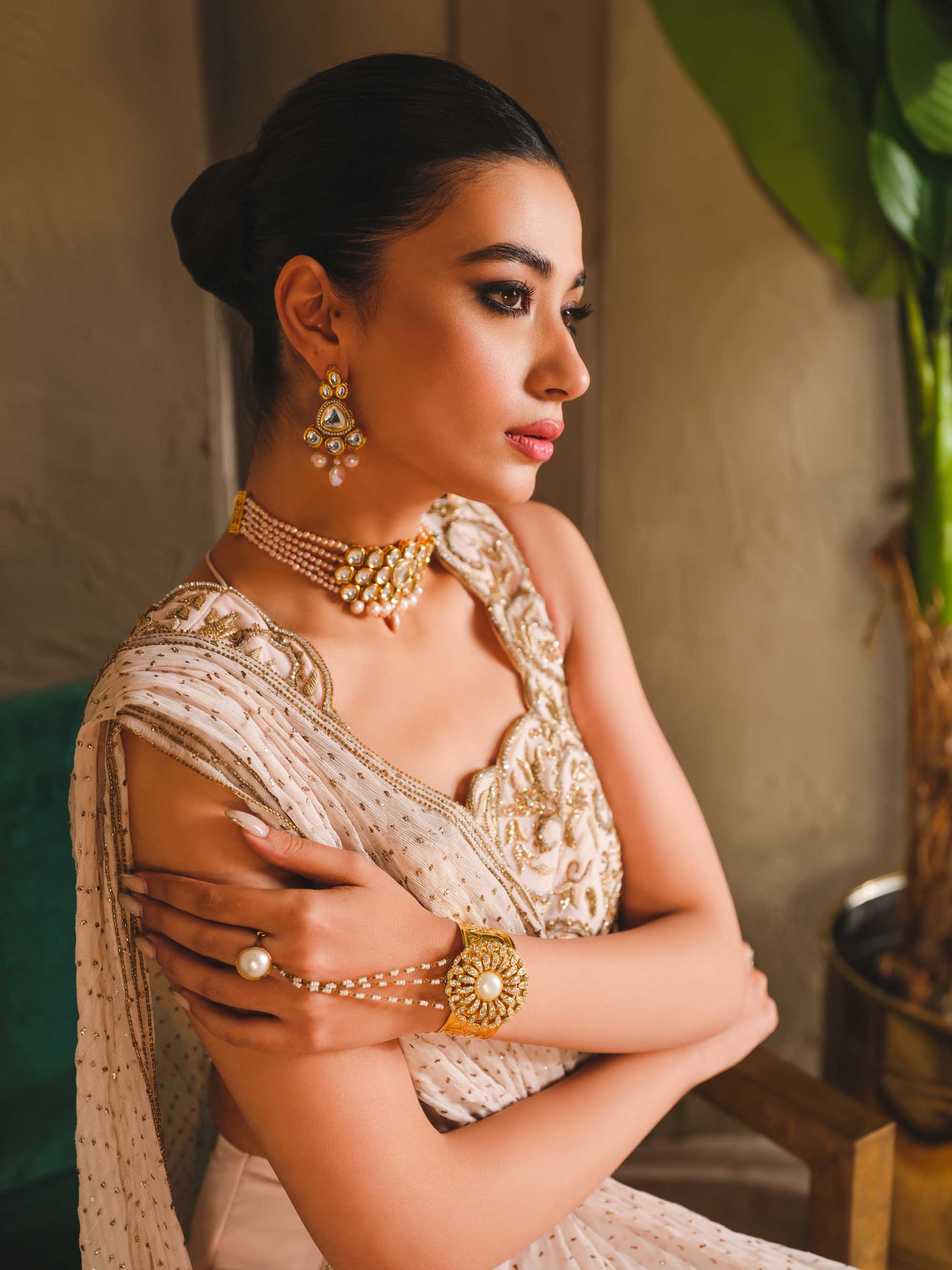 Pakistani Blush Pink Embroidered Georgette Chiffon Lehenga (3-Piece) - Image 8