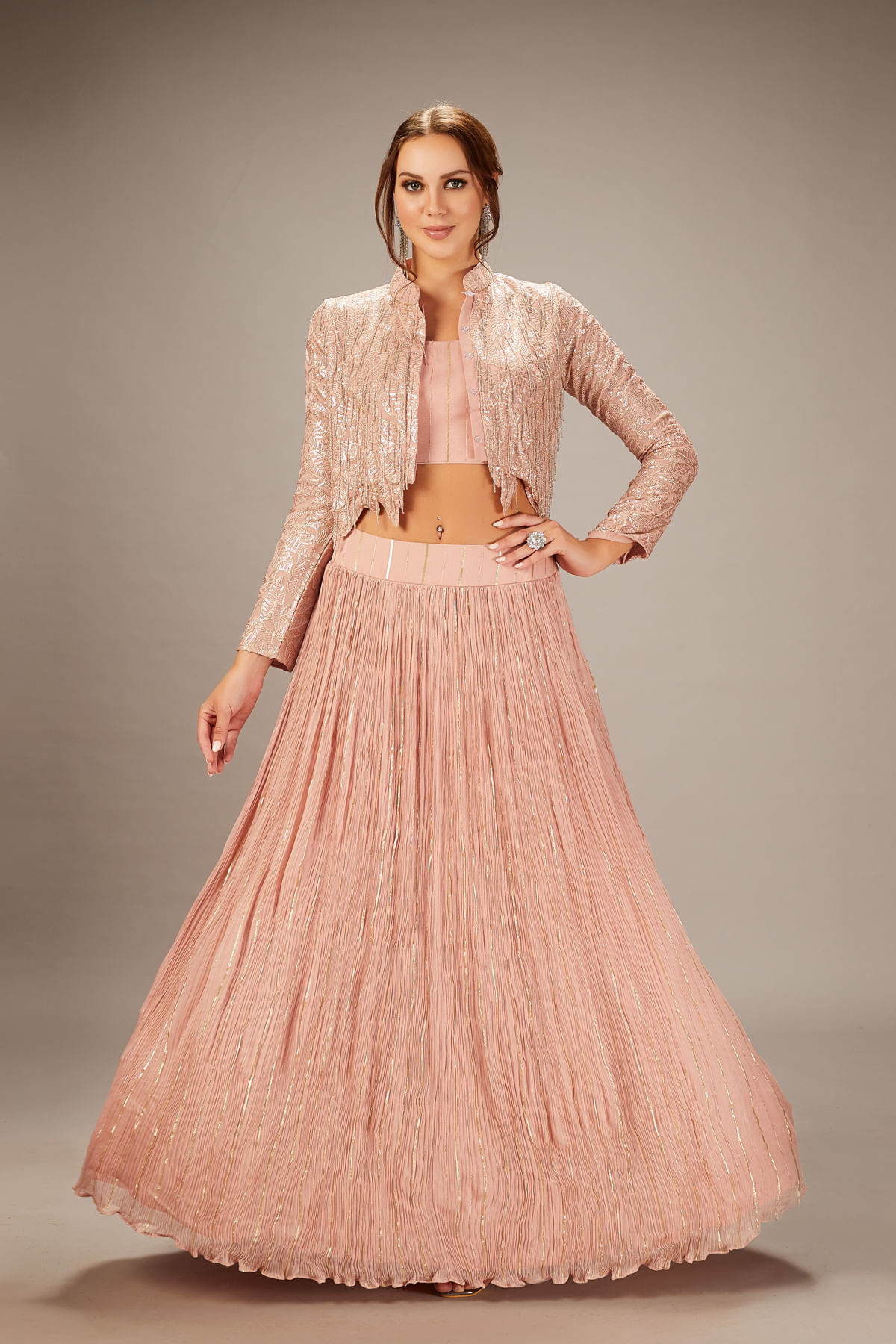 Blush Pink Cutdana Georgette Lehenga (3-Piece) - Image 1
