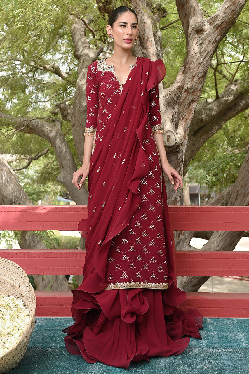 Deep Rose Kamdani Georgette Lehenga (3-Piece) - Image 1