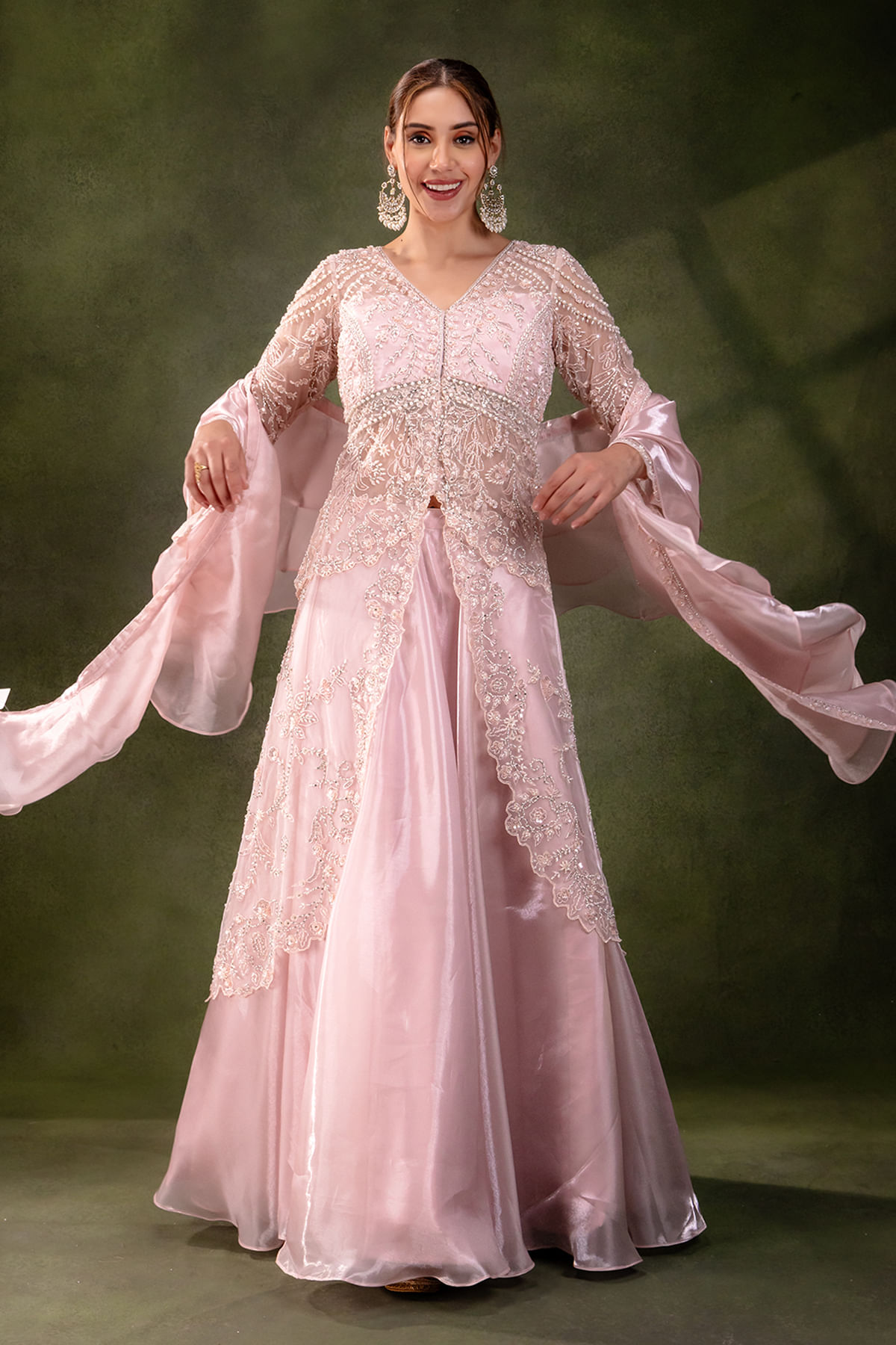 Baby Pink Sequined Glass Tissue Lehenga (2-Piece) - Image 1