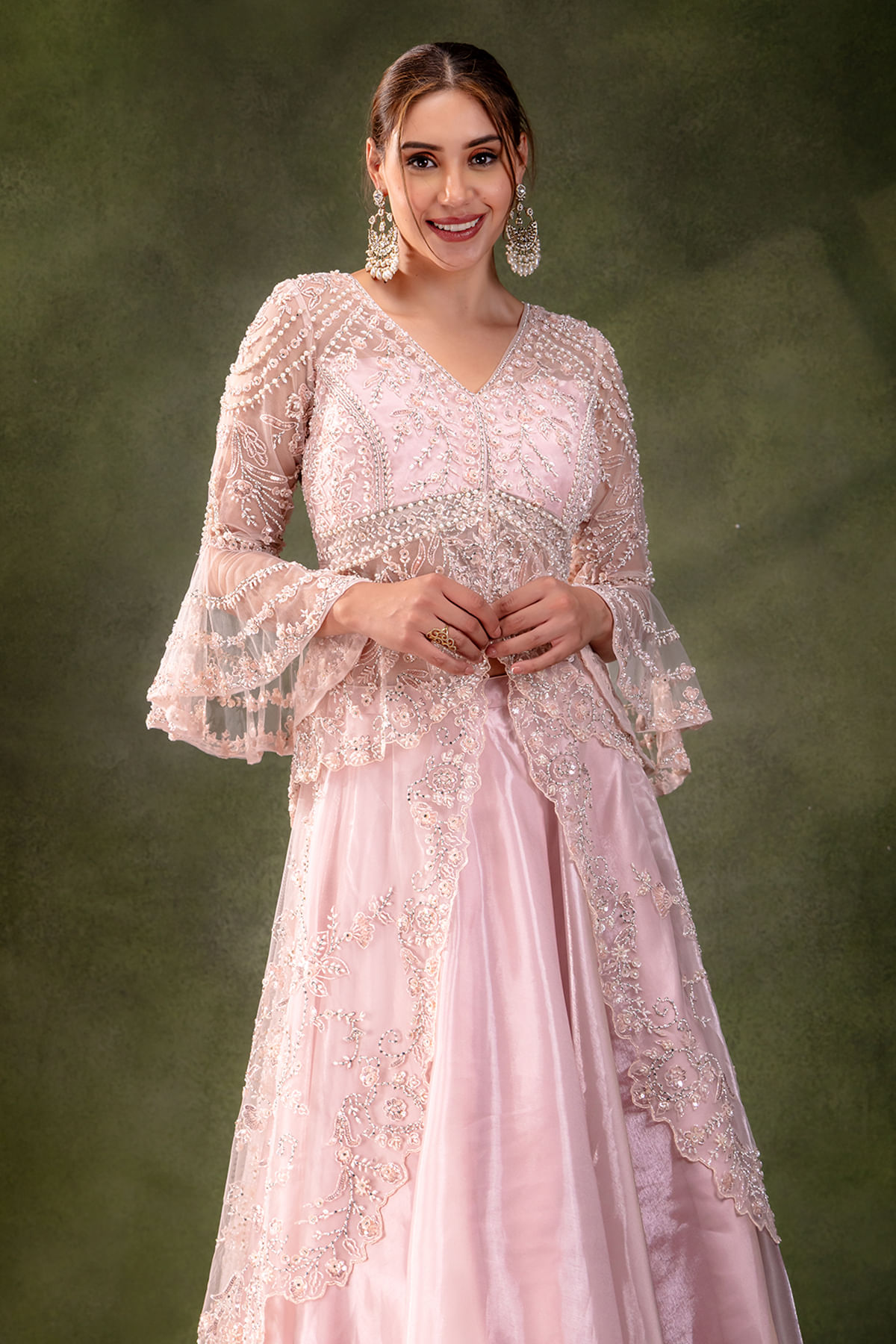 Baby Pink Sequined Glass Tissue Lehenga (2-Piece) - Image 2