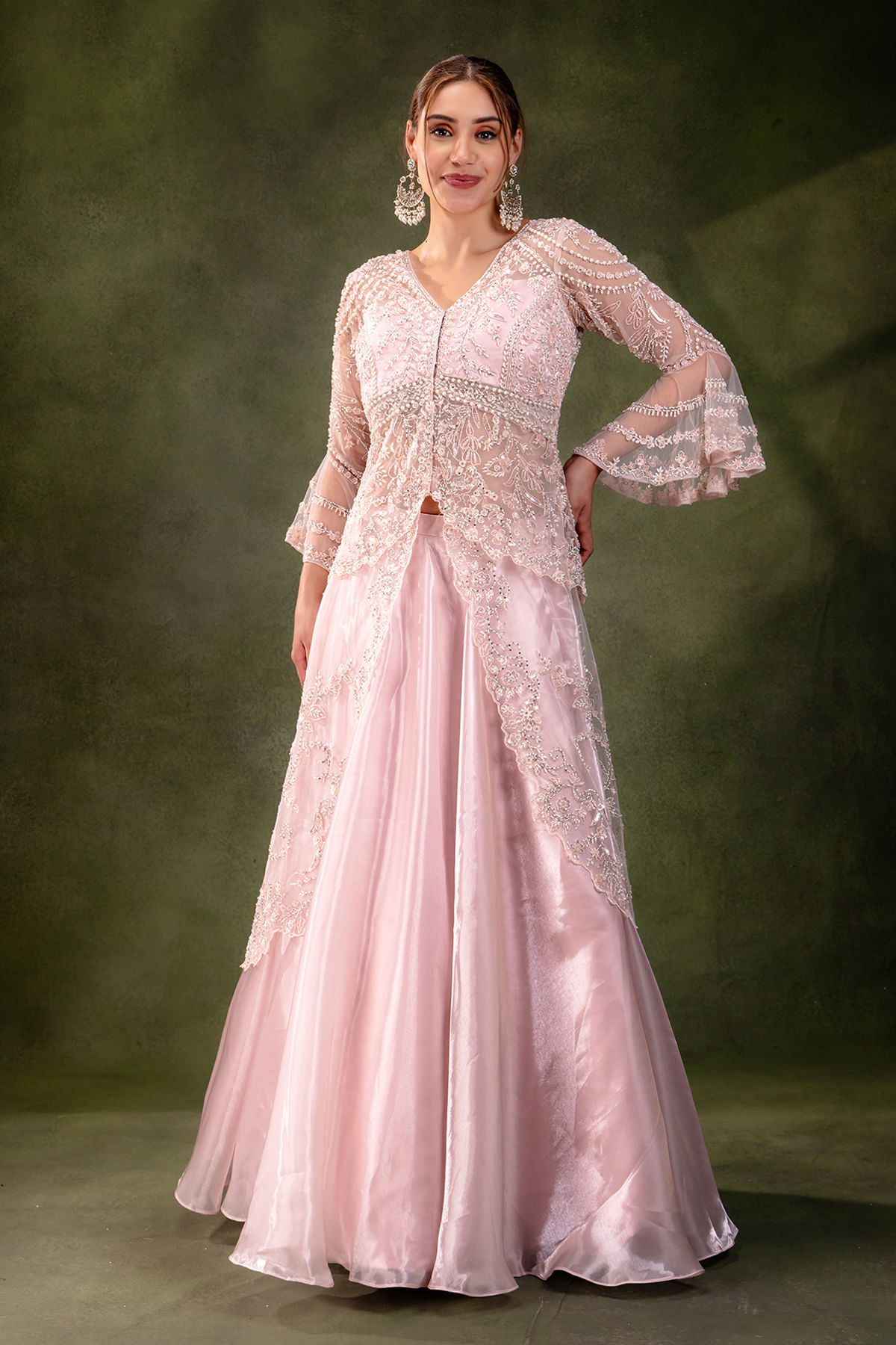 Baby Pink Sequined Glass Tissue Lehenga (2-Piece) - Image 3