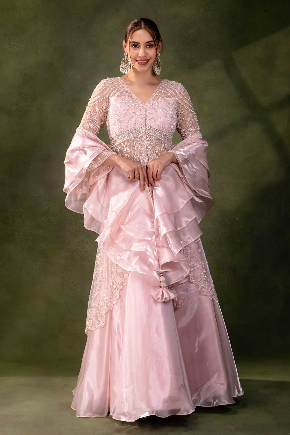 Baby Pink Sequined Glass Tissue Lehenga (2-Piece) - Image 4