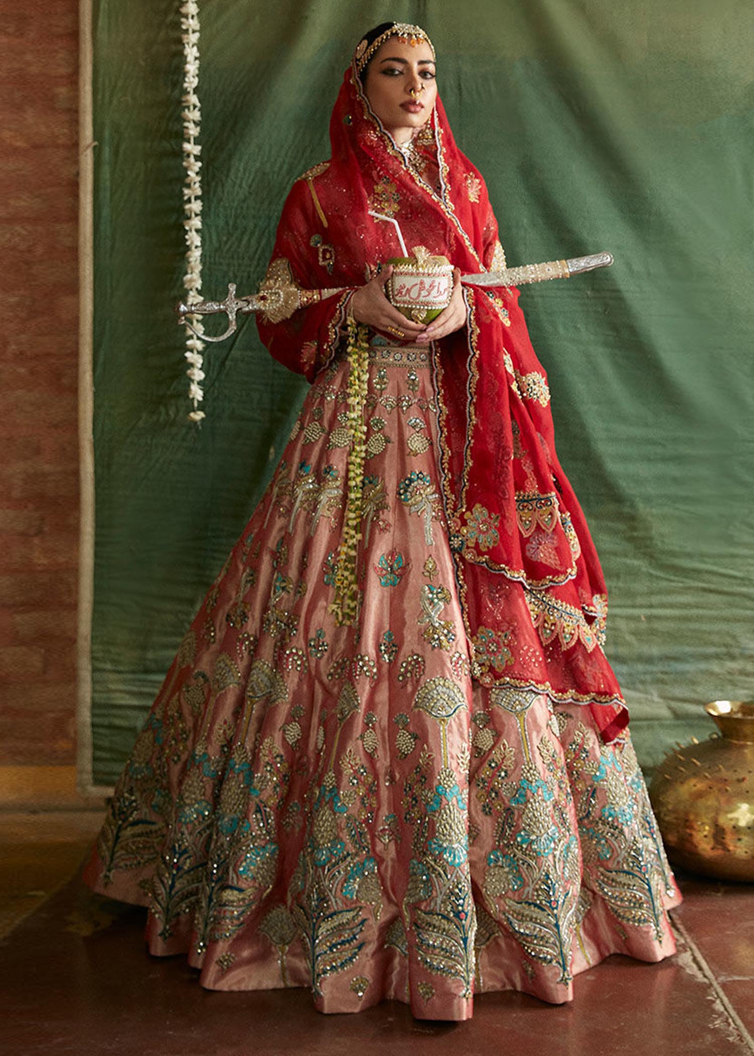 Peach Pink Embellished Glitter Tissue Lehenga Choli (3-Piece) - Image 1