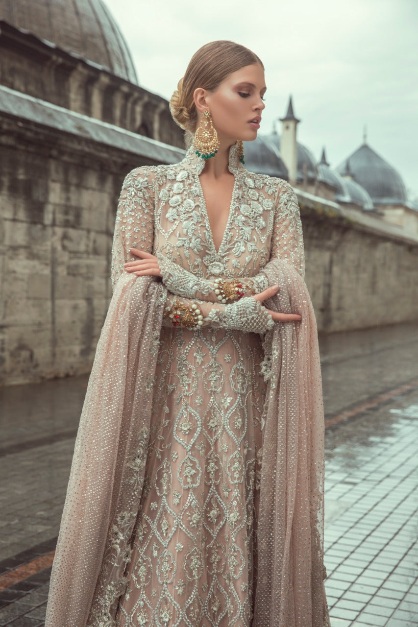 Pakistani Rose Pink Zardozi Indian Net Lehenga (3-Piece) - Image 2