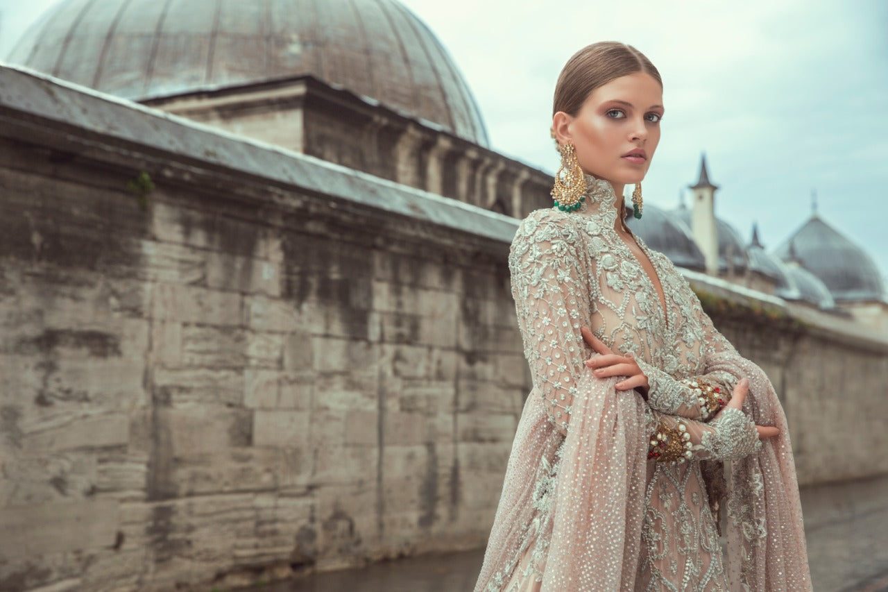 Pakistani Rose Pink Zardozi Indian Net Lehenga (3-Piece) - Image 3