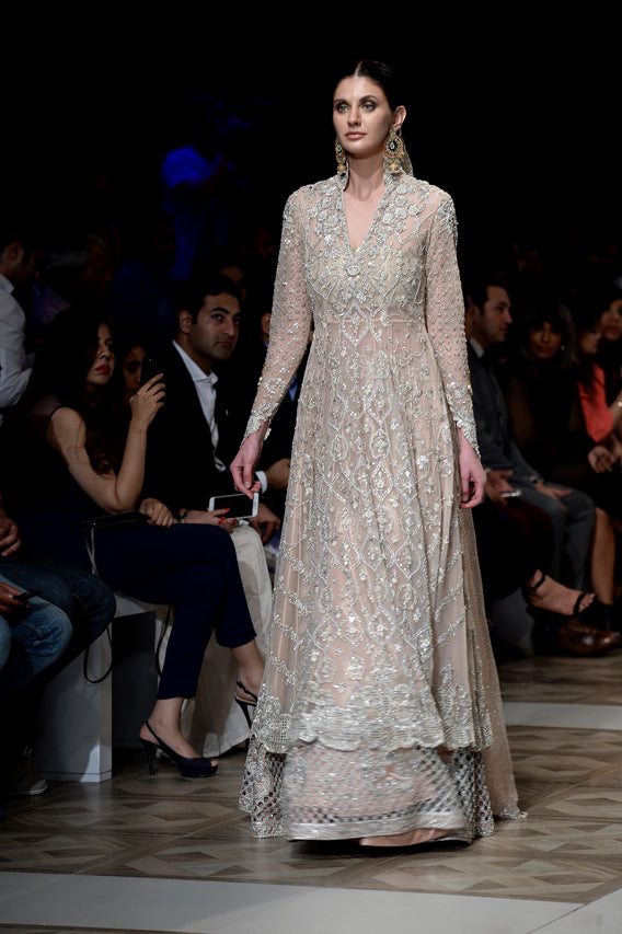 Pakistani Rose Pink Zardozi Indian Net Lehenga (3-Piece) - Image 4