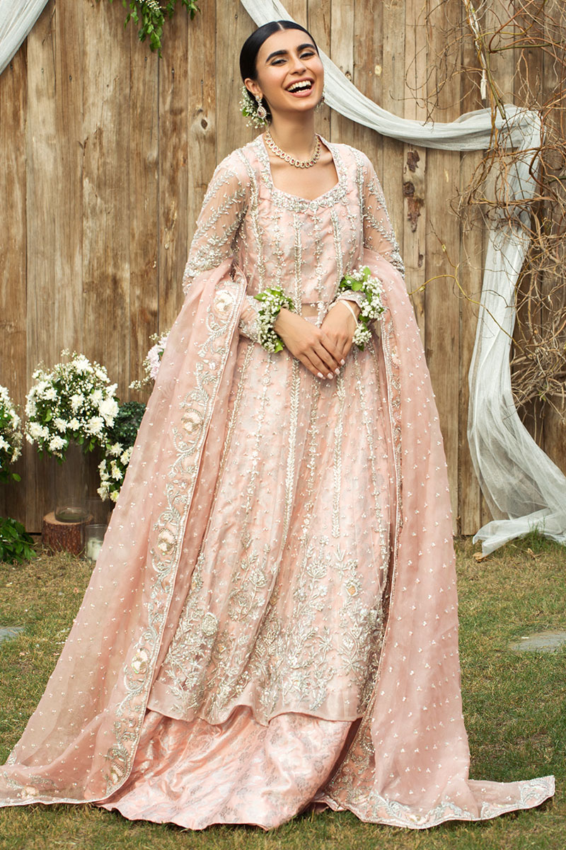 Venetian Pink Embroidered Net Kalidar Lehenga (3-Piece) - Image 3