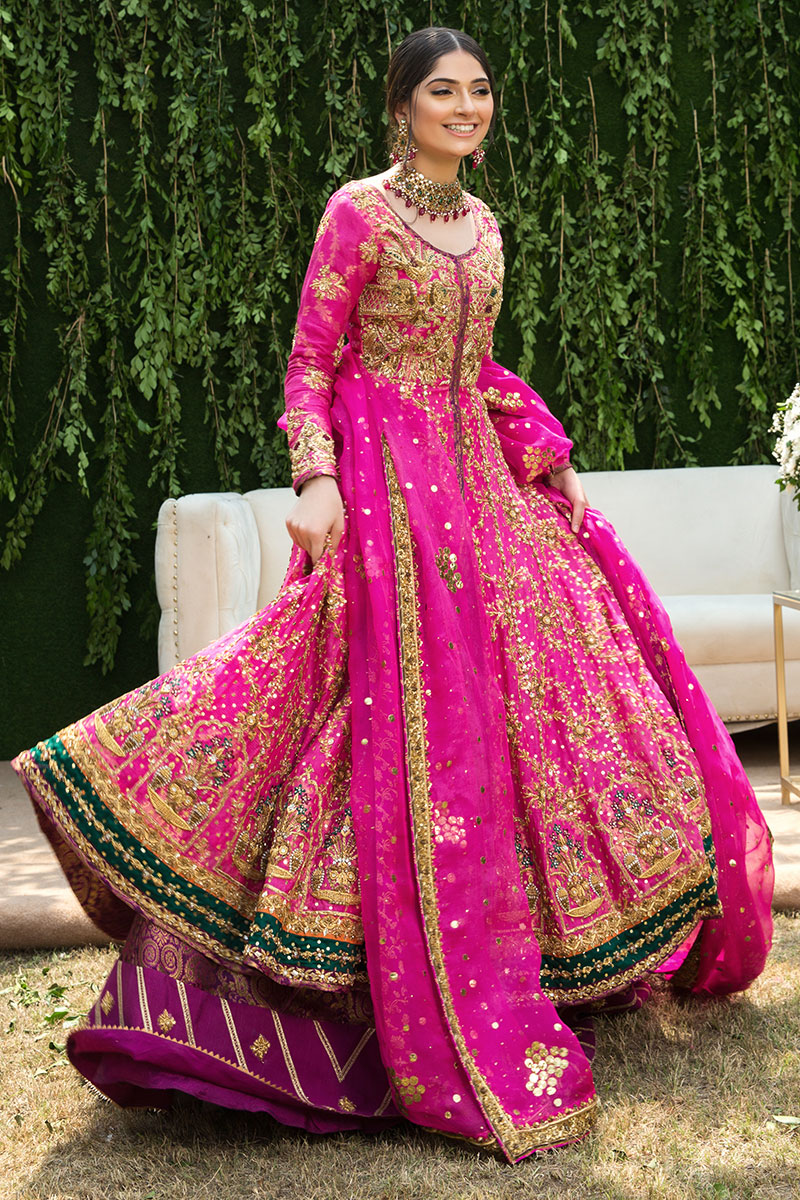 Petunia Pink Embroidered Cotton Net Kalidar Lehenga (3-Piece) - Image 3