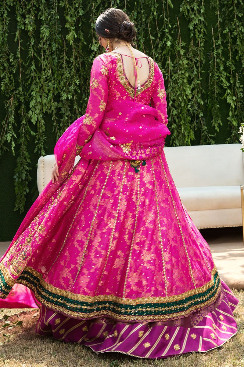Petunia Pink Embroidered Cotton Net Kalidar Lehenga (3-Piece) - Image 4