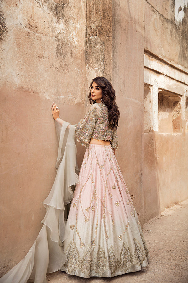 Blush Pink Embellished Organza Choli & Ombré Jamawar Lehenga (3-Piece) - Image 5