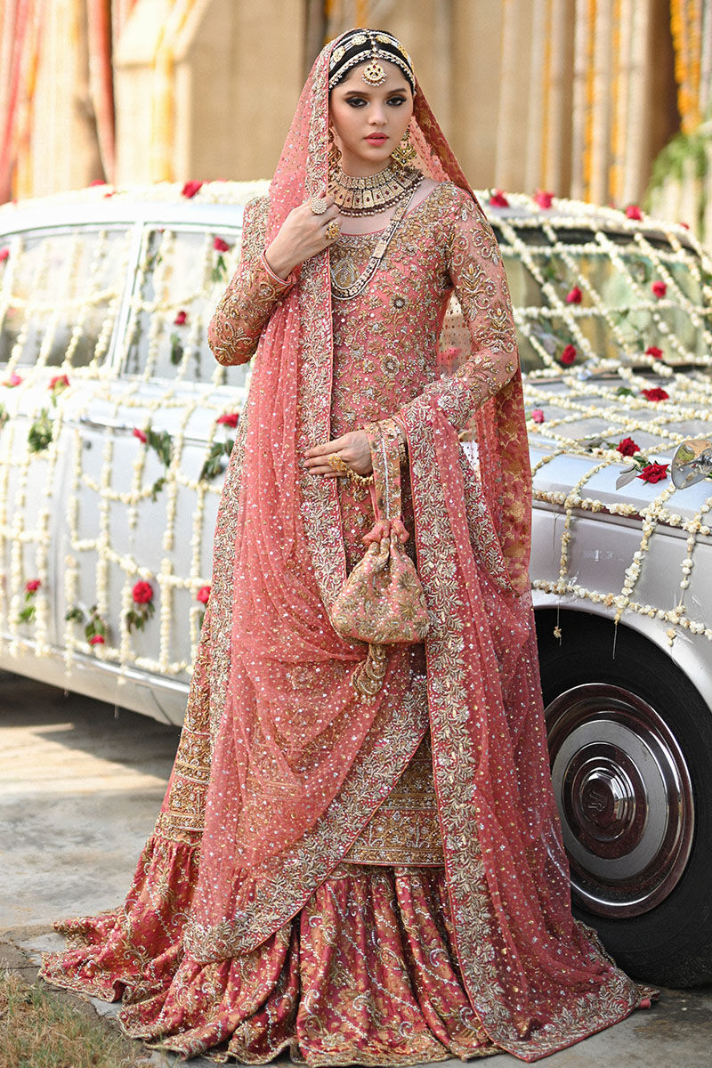 Watermelon Pink Embellished Net & Jamawar Farshi Lehenga (3-Piece) - Image 5