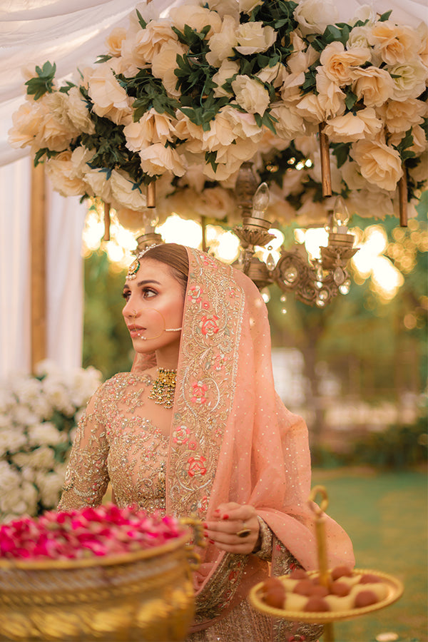 Blush Pink Embellished Net Choli with Jamawar Lehenga (3-Piece) - Image 1