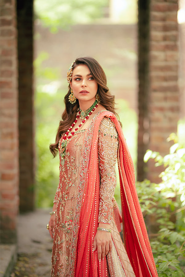 Coral Hand-Embellished Tissue Lehenga (3-Piece) - Image 2