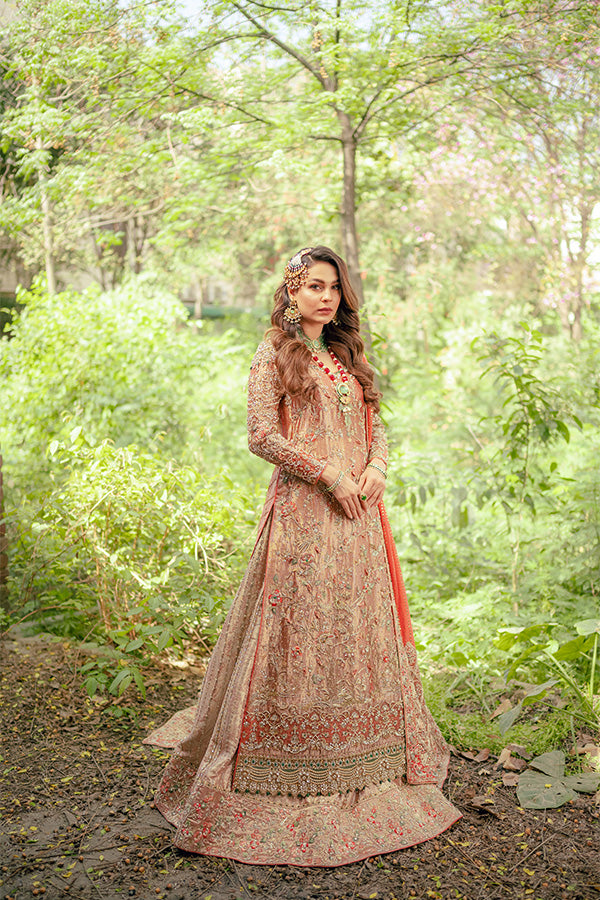 Indian Coral Hand-Embellished Tissue Bridal Lehenga (3-Piece) - Image 1